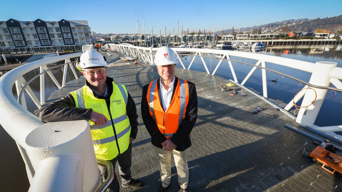 Bridgepro general manager Aaron Brimfield with City of Launceston councillor Rob Soward at the opening of the Seaport pedestrian bridge. 