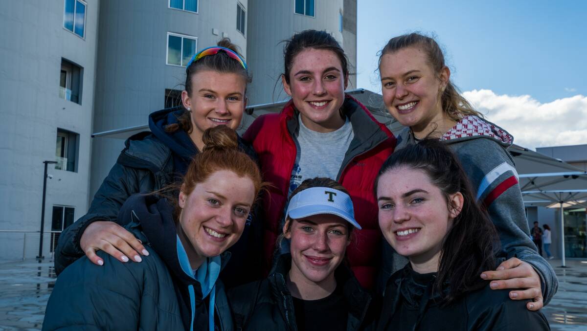 WIN: Northern rowers Sarah Ashlin, Rebecca Bye, Ally Wrigley, (back) Caitlin Bloomfield, Annaliese Mackie and Portia Cook. Picture: Phillip Biggs