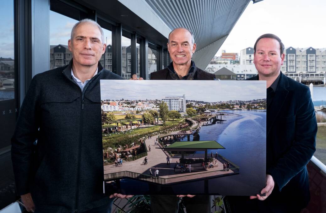 NEW VISION: Windermere MLC Nick Duigan, State Development Minister Guy Barnett and Launceston deputy mayor Danny Gibson with the plans for the Tamar. Picture: file