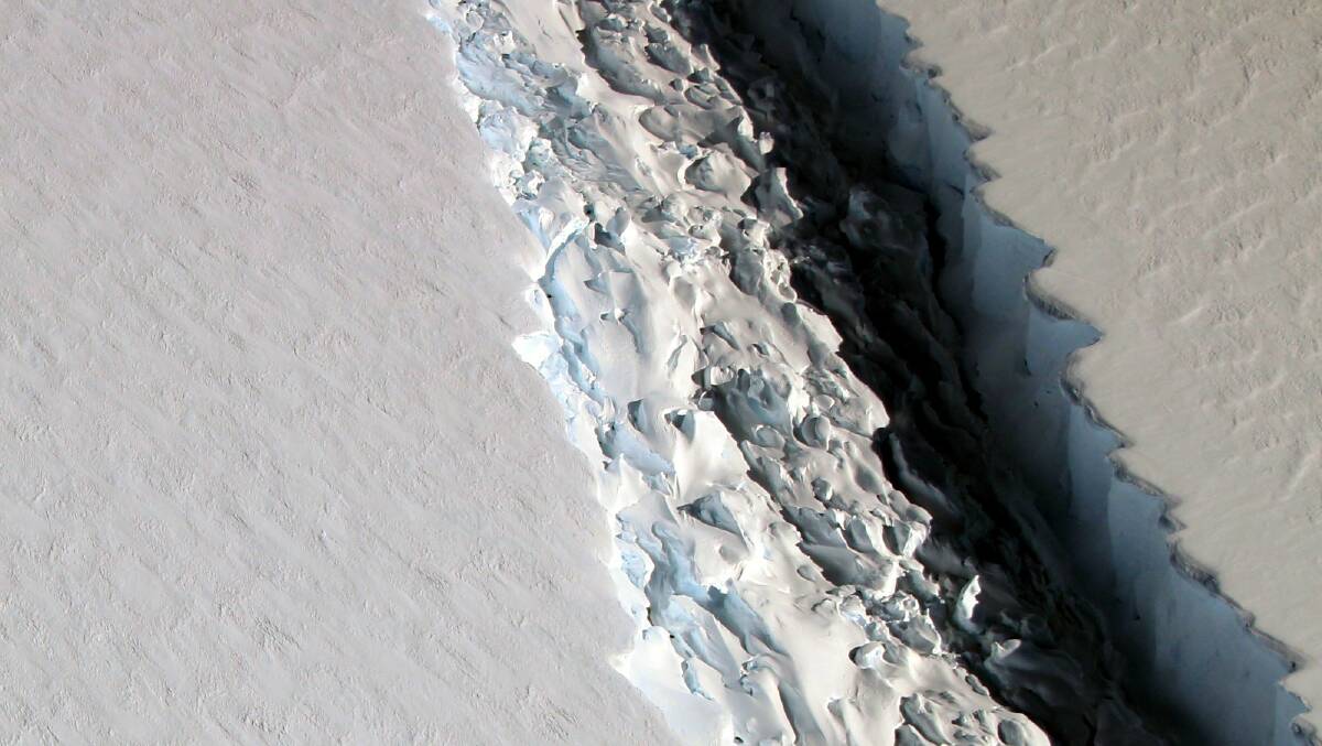 The crack in the Larsen C ice shelf in Antarctica. Researchers from the Australian Antarctic Division anticipate the shelf will "calve" or break away in the next few months. Picture: NASA.