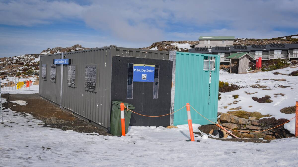 SHELTER: A temporary shipping container installed by Parks and Wildlife after the Ben Lomond Alpine Hotel was destroyed by fire. A new shelter is planned this year. Picture: Paul Scambler