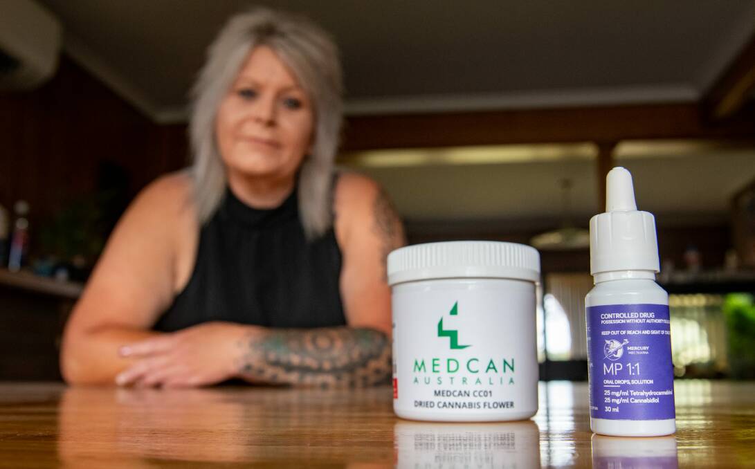 DOESN'T SOLVE EVERYTHING: Jodie Palmer, of Perth, with her medicinal cannabis products. She says the Liberals' recently announced health policy will address some access issues but doesn't go all the way. Picture: Paul Scambler