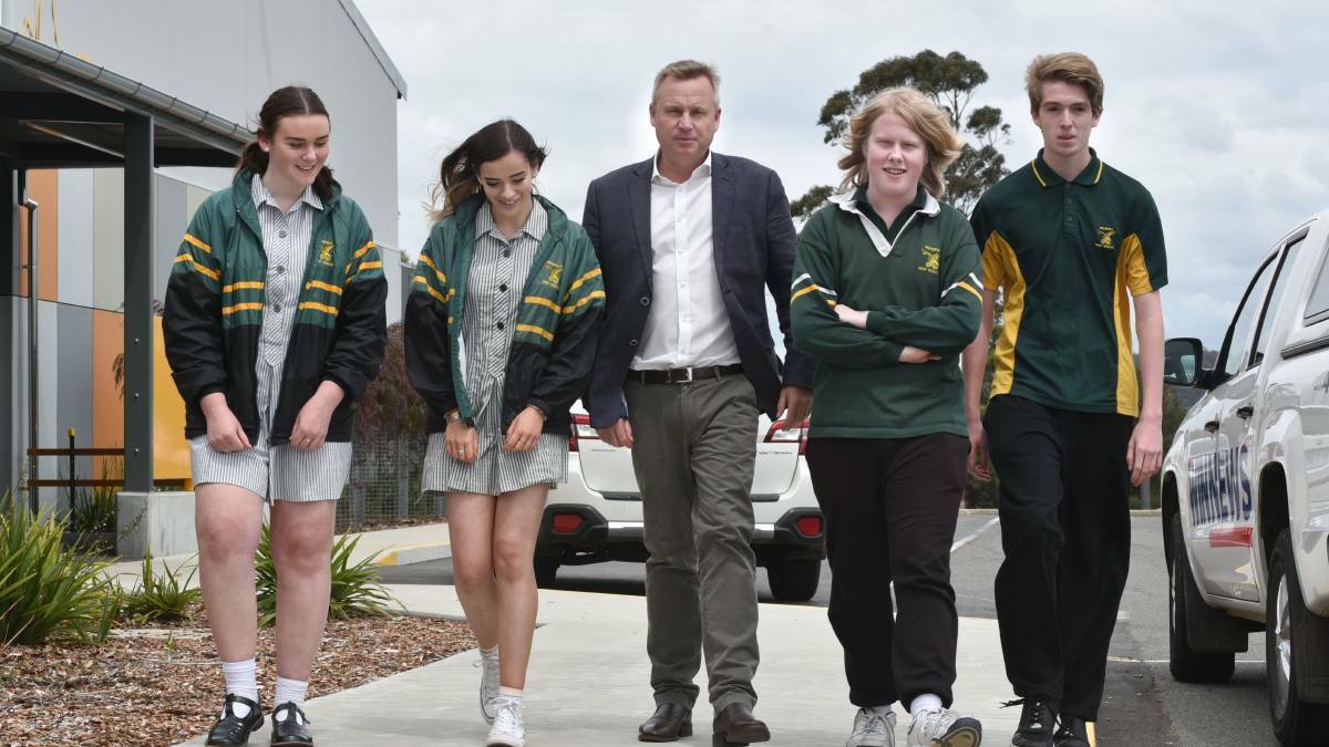 IMPROVEMENT:  Isabella Smith, Emily Barwick, Education Minister Jeremy Rockliff, Zach Overs and Hayden Cooper at Prospect High School. Picture: Neil Richardson