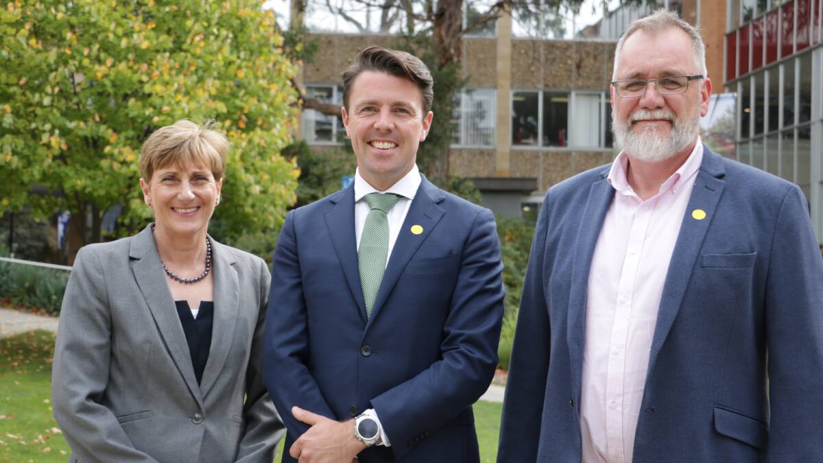 DROUGHT SOLUTIONS: TIA Associate Professor Kathy Evans, Assistant Minister Jono Duniam and TIA interim Director Michael Rose at the announcement of the drought hub. Picture: supplied 