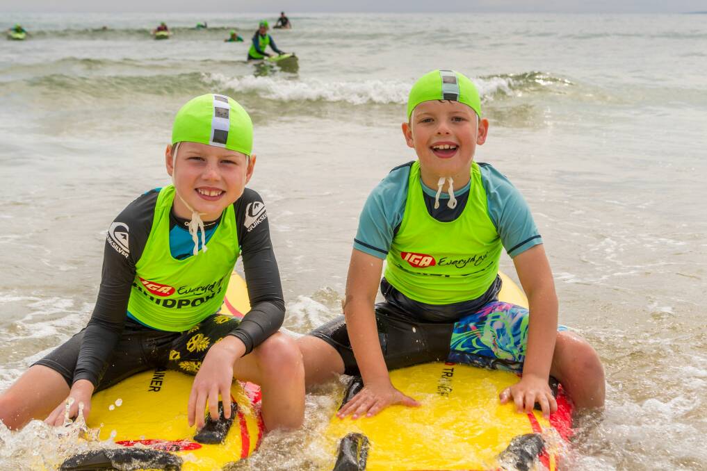 BIG WAVE: Nippers Gus McCarthy and Albie McCallum brush up on their skills ahead of the Australia Day Bridport Splash. Picture: Phillip Biggs