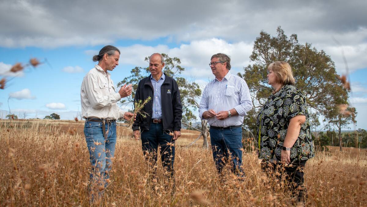WEED FIGHT: Farmer Julian von Bibra talks to Primary Industries Minister Guy Barnett, Weed Action Fund chairman Ian Sauer and NRM chief executive Rosanna Coombes. Pictures: Paul Scambler