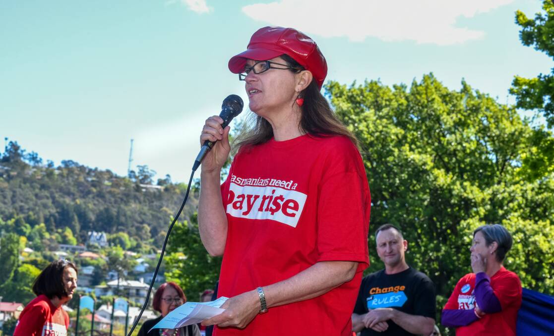 FAIR GO: Launceston College teacher Lisa Bartholemew addresses the union rally at Ockerby Gardens on Wednesday. The stop work rally was held to fight for increase wages. Picture: Neil Richardson