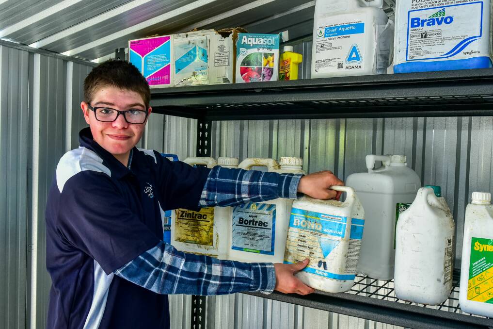 Lilydale District School Kane Byard in the farm's chemical shed.
