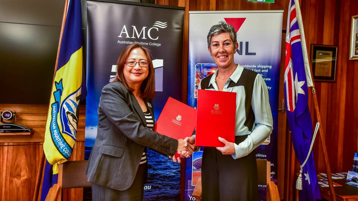 FORGED LINKS: Australian Maritime College head Shuhong Chai and ANL general manager Pascale Toussal. Picture: Neil Richardson