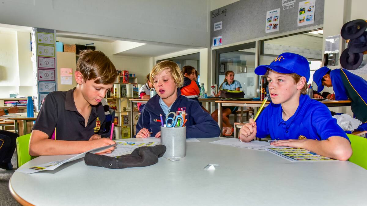 FUTURE LEADERS: Ed Huys from Hutchins, Lachlan Clues from Friends and Chandler Bradley from St Virgils at the Grammar junior campus. Picture: Neil Richardson