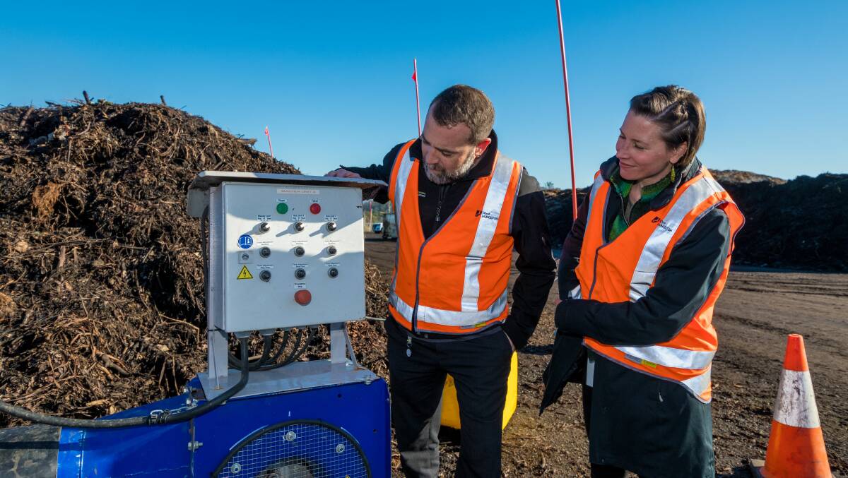 WASTE WARRIORS: Launceston City Council waste management officer Michael Attard and natural environment officer Michelle Ogulim with the FOGO waste. Pictures: Phillip Biggs
