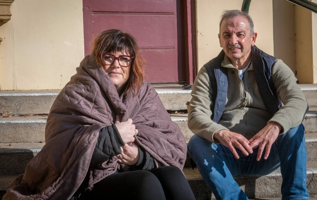 RAISING AWARENESS: Lisa Amerikanos of Kings Meadows, who is participating in the Vinnies Community Sleepout, with Vinnies state president Mark Gaetani. Picture: Paul Scambler