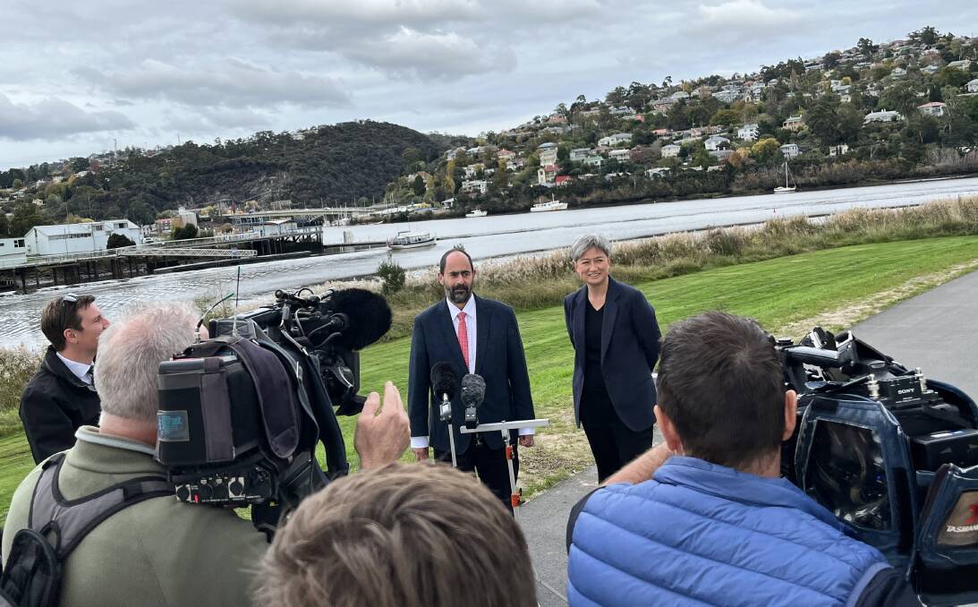 WETLANDS PLAN: Labor Senator Penny Wong in Launceston with Labor candidate Ross Hart to announce an $8 million pledge to establish wetlands along the North Esk to address sediment build up in the Tamar estuary. Picture: supplied