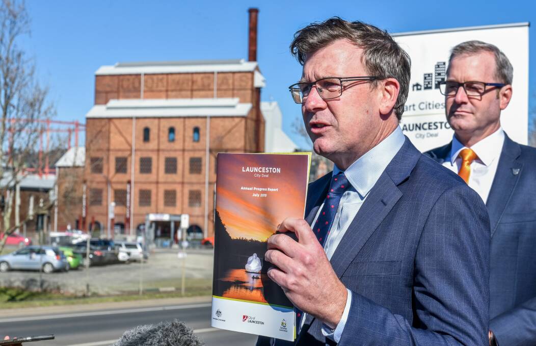 Then-federal minister for Population,Cities and Urban Infrastructure Alan Tudge delivers the second annual progress report for the Launceston City Deal.