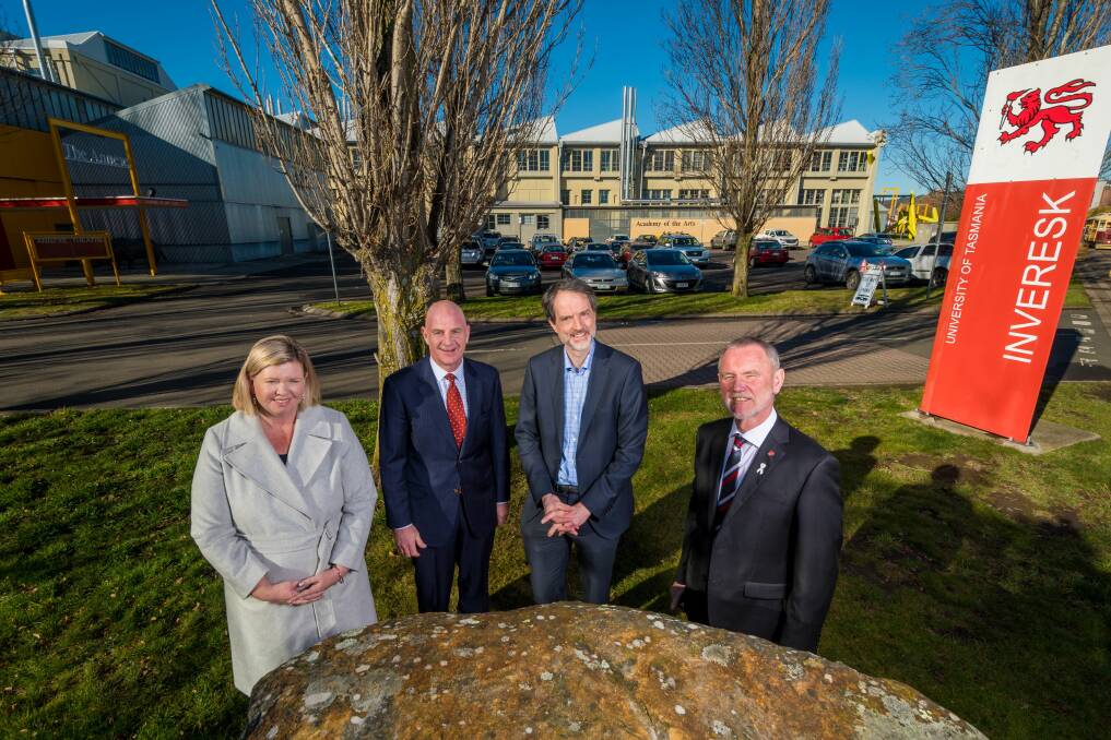 REVEALED: University of Tasmania vice-chancellor Rufus Black (centre) with Bass Liberal MHR Bridget Archer, Treasurer Peter Gutwein and Launceston mayor Albert van Zetten at the site of stage one of the new campus. Picture: Phillip Biggs