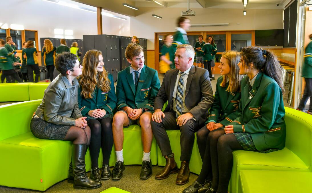 UPDATED: Prospect High principal Vicki Mackrill, students Amber Goodyer and Jacob Mitchelson, Education Minister Jeremy Rockliff, with students Kate Harris and Jiranan Stearnes. Picture: Scott Gelston