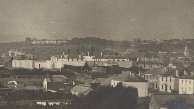 A detail taken from a photograph taken by Henry Button, c.1848 showing the Female Factory. The chapel roof of the chapel can be seen in the centre of the photograph. 