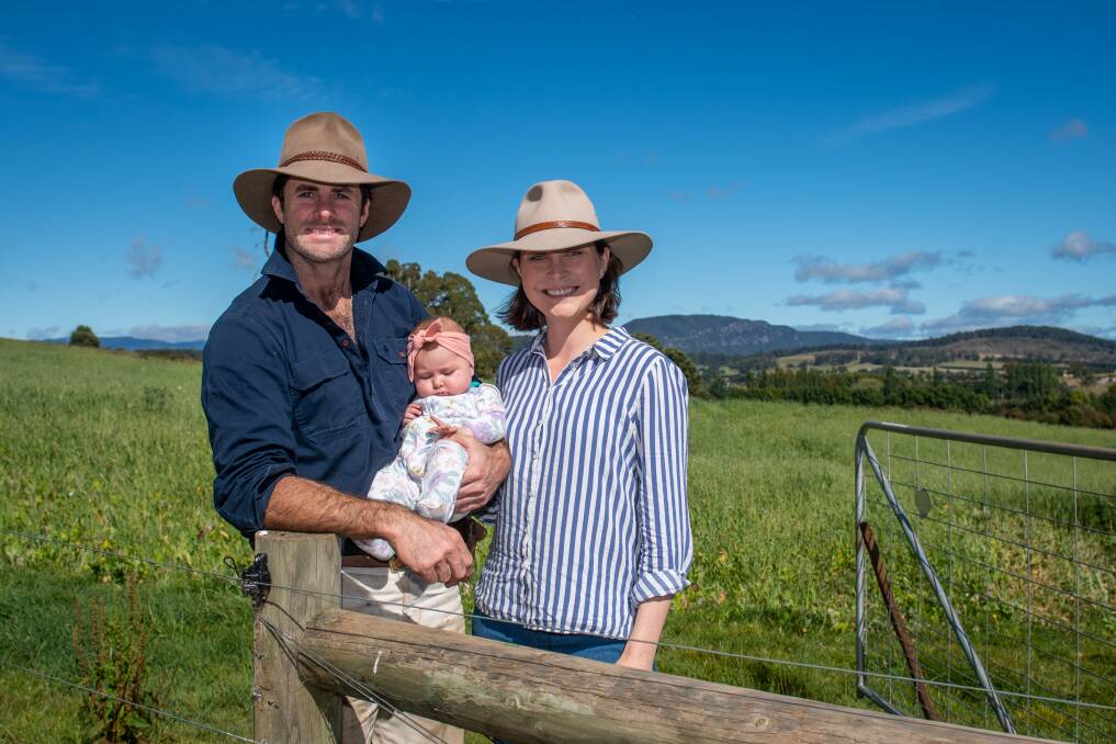 NEXT GENERATION: Sam and Steph Trethewey, with their four-month-old daughter Evie, have started a beef enterprise at Dunorlan with a focus on regenerative agriculture practices. Pictures: Paul Scambler
