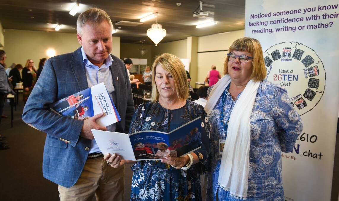 LEARN: Education Minister Jeremy Rockliff with Tascoss chief executive Kym Goodes and Launceston Community Legal Centre literacy coordinator Beylara Ra at the official launch of 26TEN chat in February. Picture: Paul Scambler