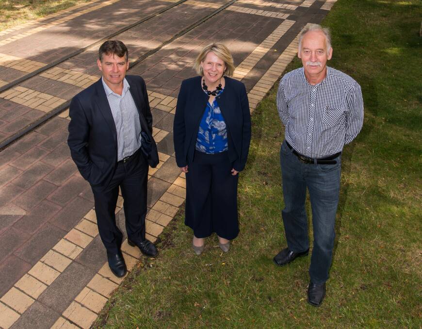 FORWARD: UTAS project director James McKee, architect Kirsten Orr and pro-vice-chancellor community, partnerships and regional development David Adams at the Inveresk campus. Picture: Phillip Biggs