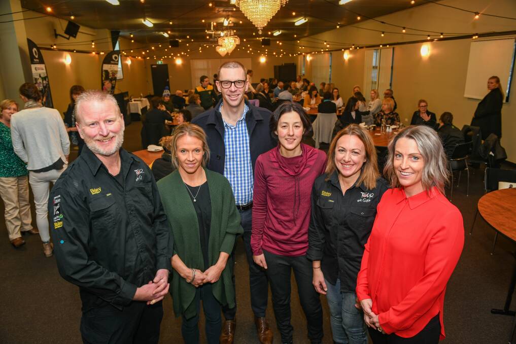 PEDAL POWER: At the annual Tour de Cure Tasmania breakfast is Pete McCarron with special guests Kate Pedley, Drew Ginn OAM and Rowena Fry, with Angelique Sanders, and Lauren Taylor. Picture: Paul Scambler