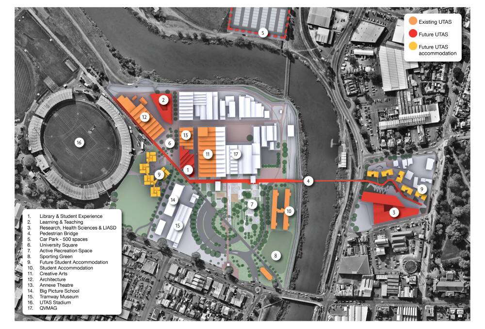 UTAS' Inveresk master plan with the plans for the car park at Glebe Farm (top, in red).
