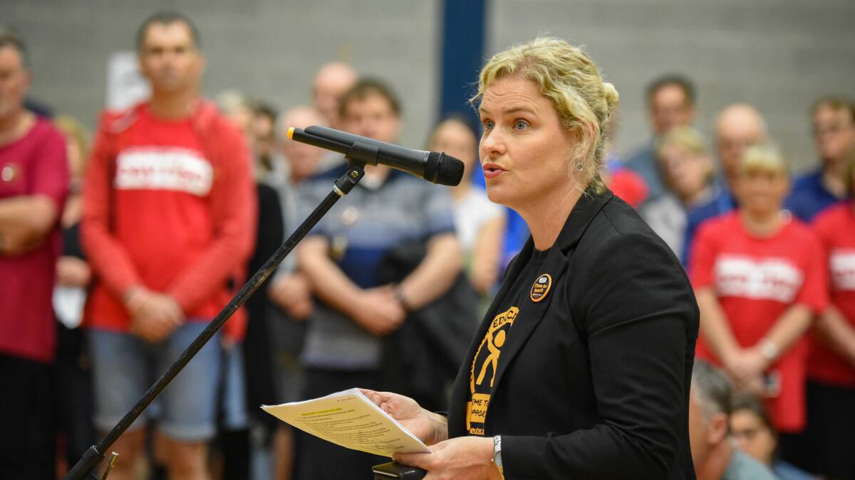 CALL TO TABLE: Australian Education Union Tasmania state manager Roz Madsen addresses stop work meetings in Launceston in November. Picture: Paul Scambler
