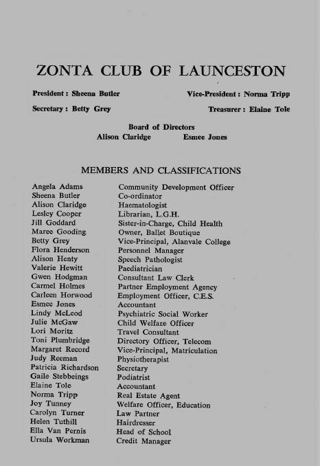 LEFT: A copy of the original charter members for the Launceston Zonta Club. 