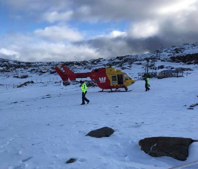 FLY-IN HELP: The Westpac Rescue Helicopter on Ben Lomond on Monday, which responded to an incident where a skier had injured her knee. Picture: Ben Lomond Snow Sports/Facebook 