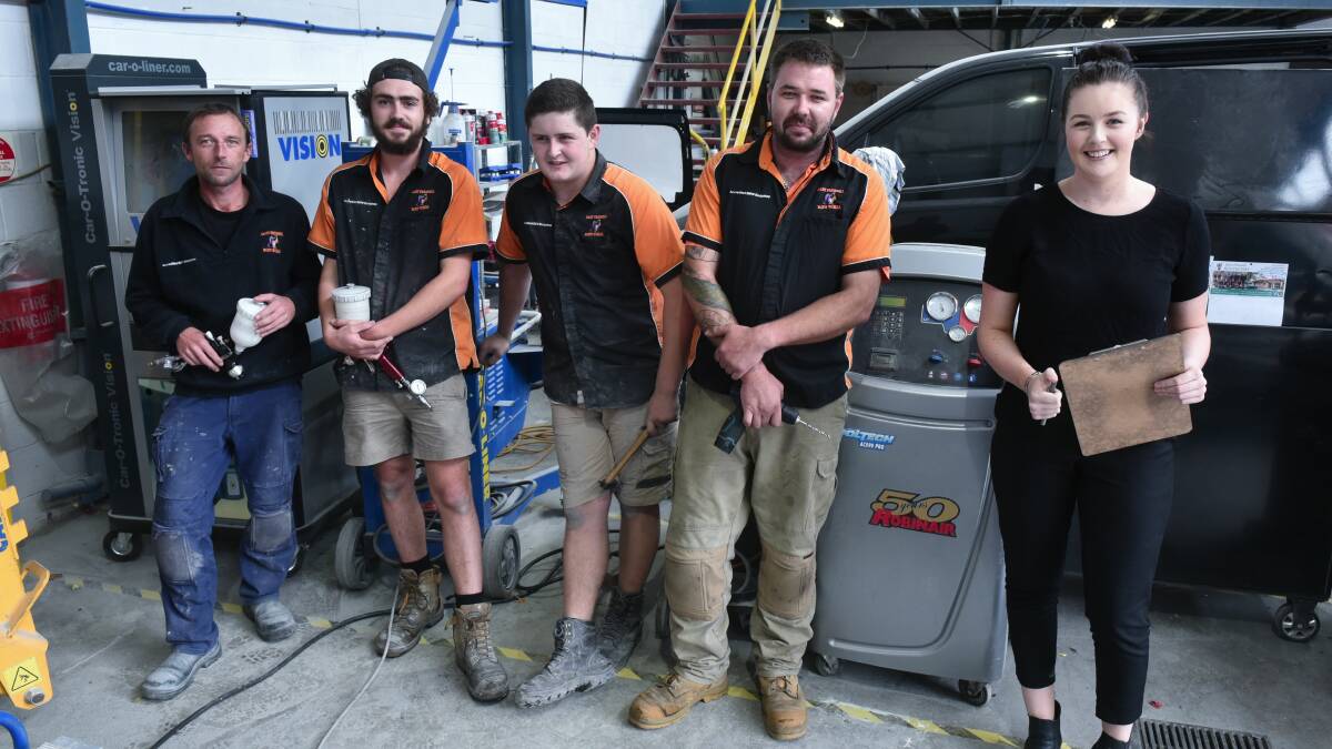 ON THE JOB: Presnell Bodyworks apprentices Shane Quinn, Jeb Olding, Koby Myers, Scott Quinn and admin trainee Madison Woodberry. Picture: Neil Richardson