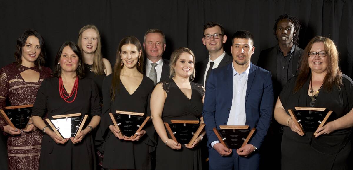 Award winners: From left - Cassandra Brown, Virginia Ennals, Bronte Richardson, Ella De Cesare, Education and Training minister Jeremy Rockliff, Elise Parker, Harry Cuthbertson, Hadi Rezaie and Lydia Scotney.