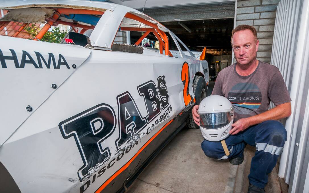 PABS fan: Peter Johnston of Prospect, an electrician at Bell Bay Aluminium, is hoping to clinch the Tassie Sixes statewide point series with a win at Carrick Speedway on Saturday and Sunday night. Photo: Phil Biggs