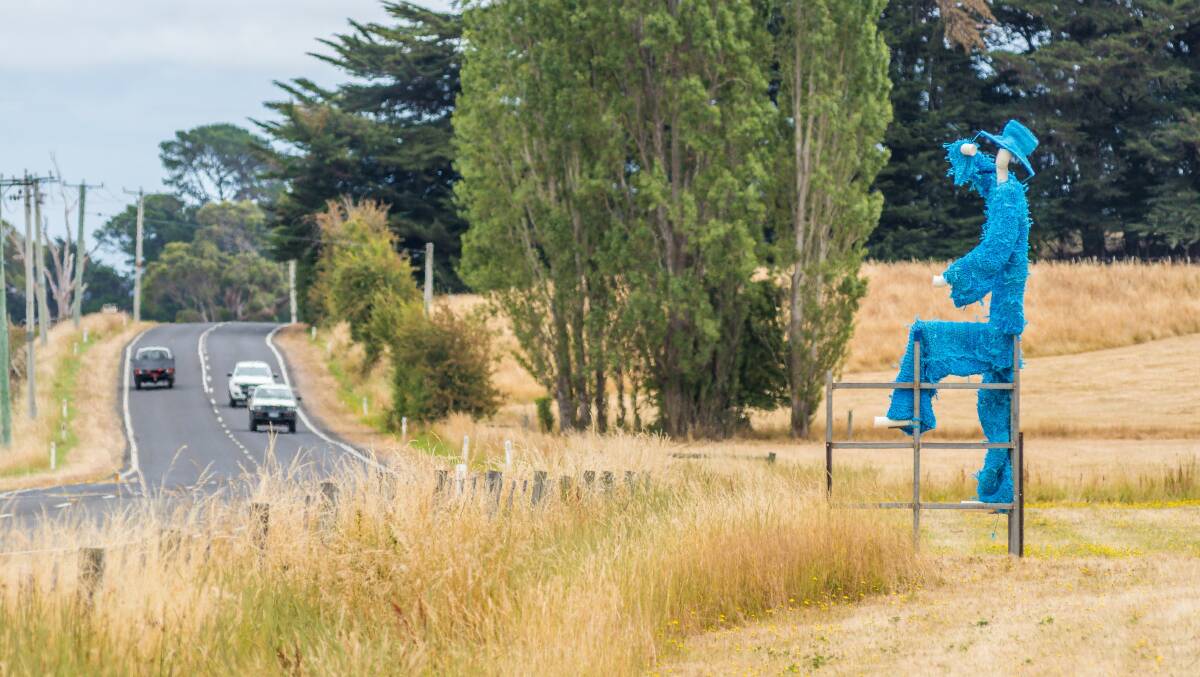 LOOK OUT: Blue Farmer, beside Meander Valley Road in front of Ashley Detention Centre, at Deloraine, raises awareness of depression. Picture: Phillip Biggs