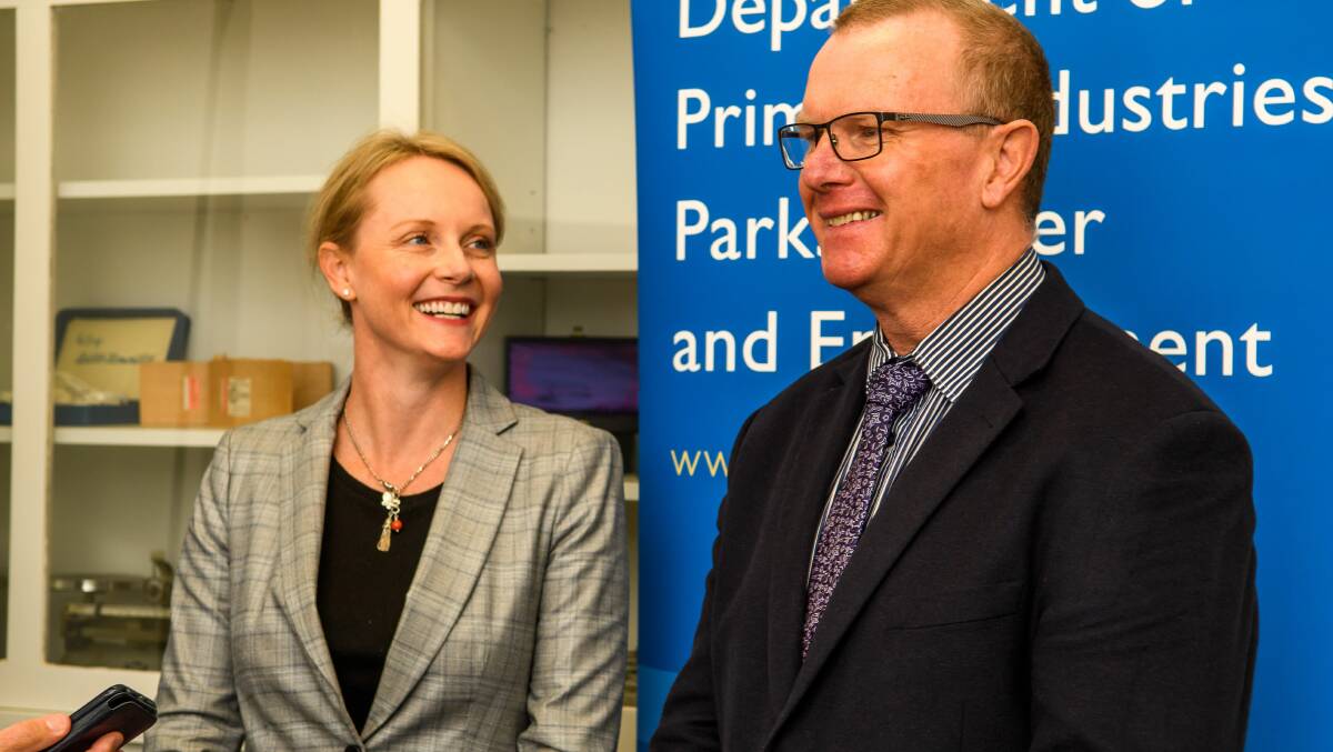 ON THE MOVE: Primary Industries Minister Sarah Courtney and Launceston Chamber of Commerce chief executive Neil Grose at DPIPWE's Mount Pleasant laboratories. Picture: Scott Gelston