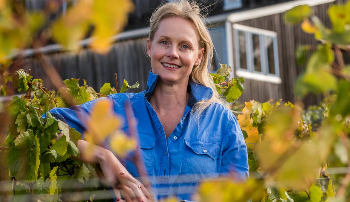 FOCUS ON BIOSECURITY: Primary Industries Minister Sarah Courtney prepares for her role in Tasmanian parliament at her Sidmouth vineyard. Picture: Phillip Biggs