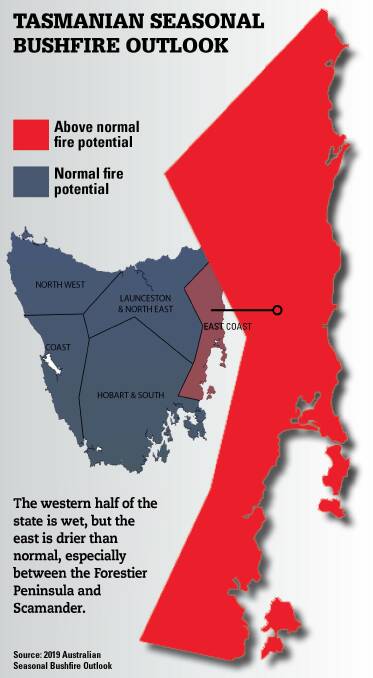 Tasmania's East Coast and parts of the Southern Midlands have above average bushfire risk this season.