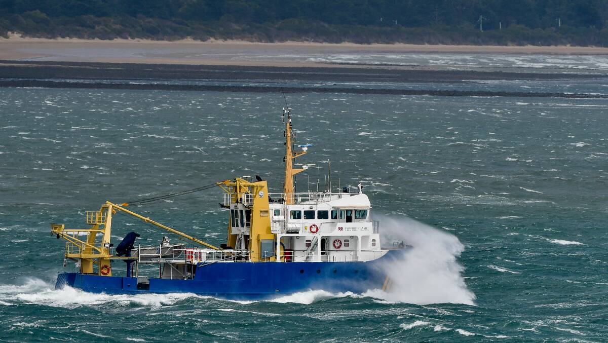 GETTING COLDER: AMC and UTAS vessel Bluefin heads up the Tamar River during stormy weather on March 25. Picture: Scott Gelston