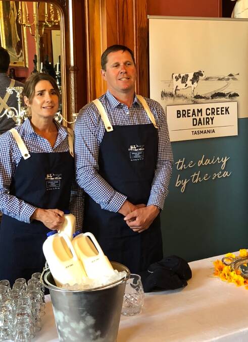 Meg Bignell with husband Richard Bignell marketing their family's business, Bream Creek Dairy, using milk produced on their East Coast farm. Picture: Supplied