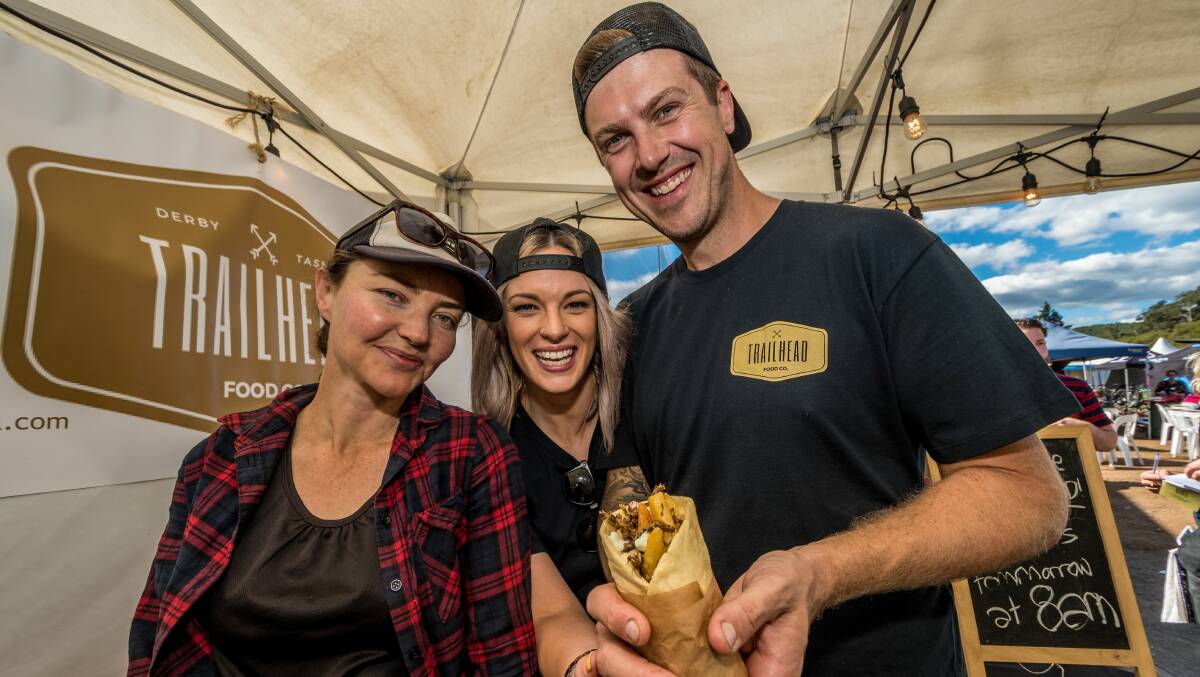 ALTERNATIVE PROTEIN OFFERING: Rebel Food Tasmania insect farmer Louise Morris with Trailhead Food Co owners Jules and Mark Cornish. Picture: Phillip Biggs