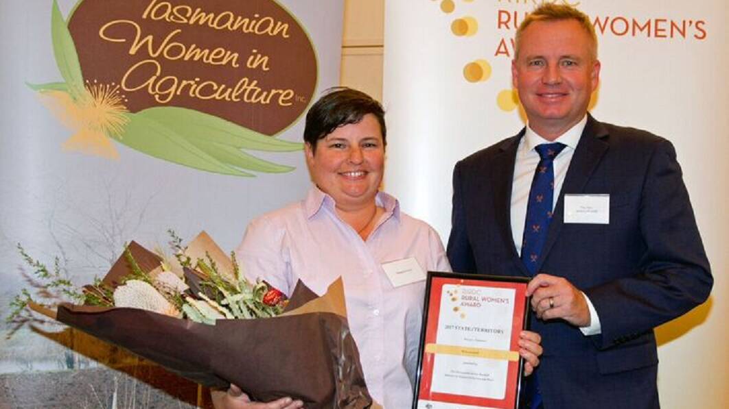 WINNING PROJECT: Tasmanian Rural Women's Award winner Rebecca Lynd with Primary Industries and Water Minister Jeremy Rockliff. Picture: DPIPWE