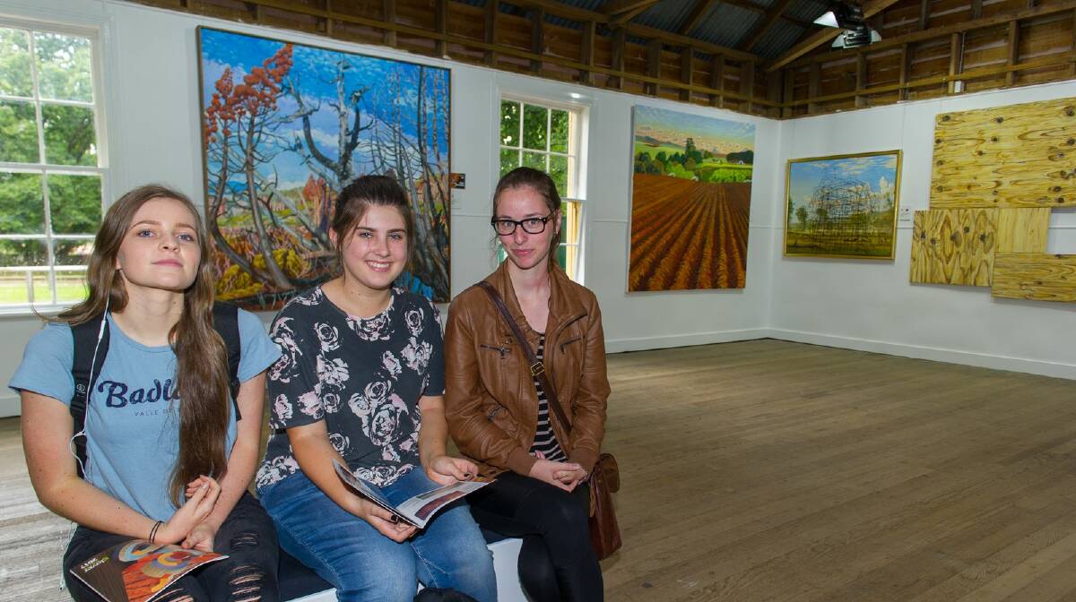 GLOVER'S COLOURS: Newstead College students Zoe Boon, Melanie Grossman and Kiahni Hoekstra take in the artworks at the Glover Prize. Picture: Scott Gelston.
