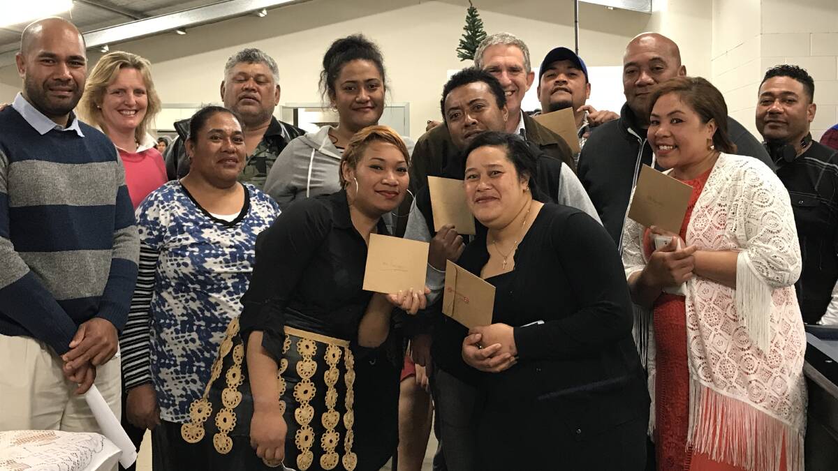 SOCIAL SUPPORT: Kate Sutherland and Craig Owen, of Owens Pacific Workforce, with Burlington Berries' Tongan harvest team. Picture: Supplied