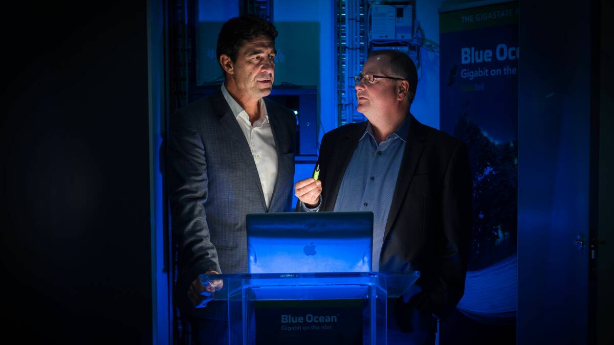 POSSIBILITIES: Scott Curran and Damian Ivereigh at the launch of Australia's first Gigabit connection via the NBN at EXA House, Launceston. Picture: Scott Gelston