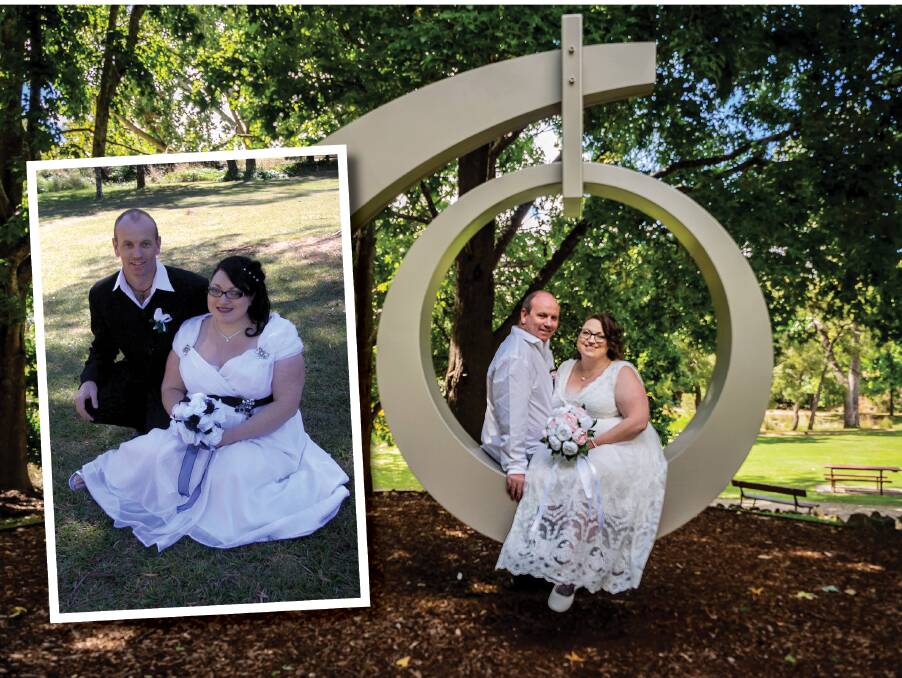 Mel and Paul Nicholson on their wedding day in 2010 (inset) and after renewing their vows in 2020. Pictures: Supplied