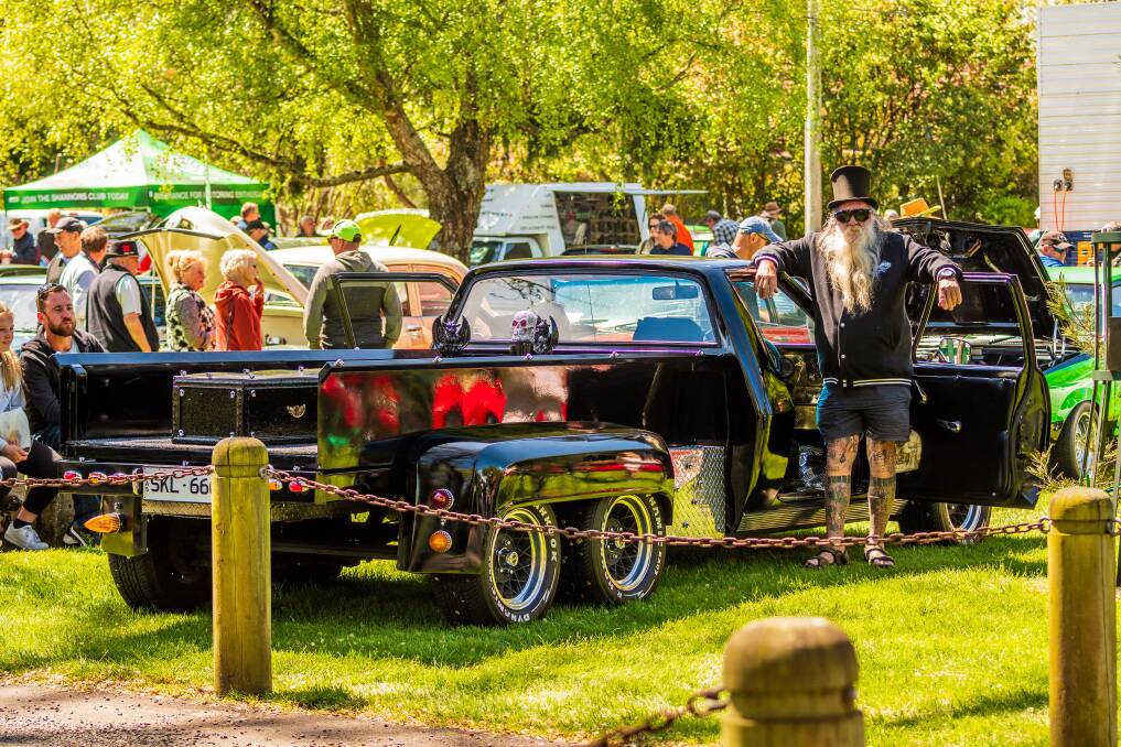 Grim Reaper: Burnie boy Paul Anderson has a 1973 Holden two-tonner with accompanying coffin. Picture: Phillip Biggs The Examiner.