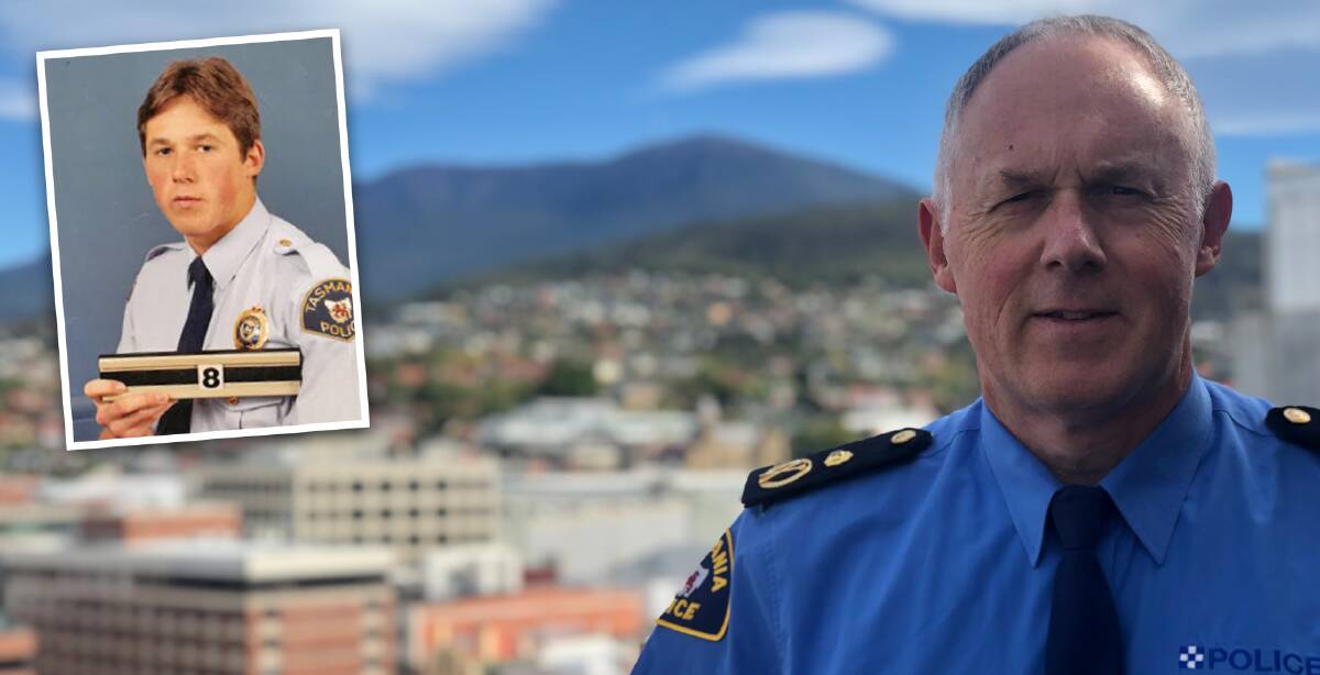 LONG SERVICE LEAVE: Scott Tilyard had his last day of his Tasmania Police career yesterday. Inset - Mr Tilyard as a fresh-faced recruit. Pictures: Tasmania Police