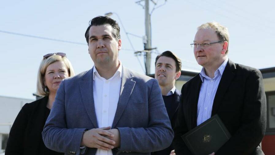 Federal Housing Minister Michael Sukkar and his state counterpart Roger Jaensch speak to media with Bass MHR Bridget Archer and Senator Jonathon Duniam. Picture: File.