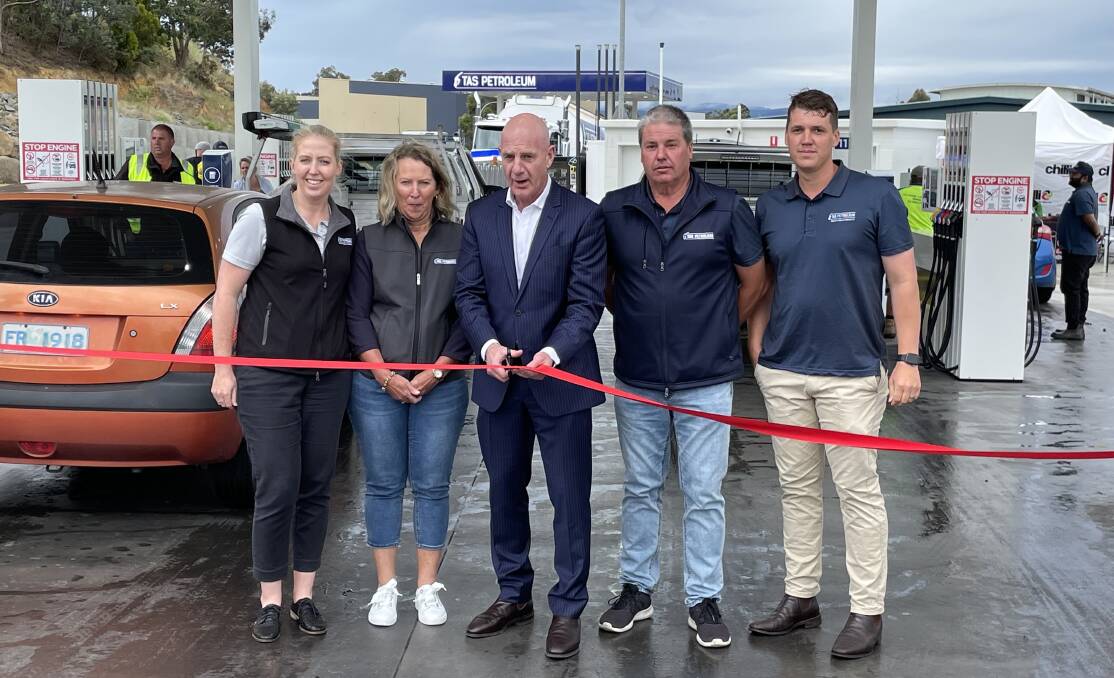 Premier Peter Gutwein with Tas Petroleum owners Kerryn, Margaret, Grant and Nathan Thurlow. Picture: Brinley Duggan