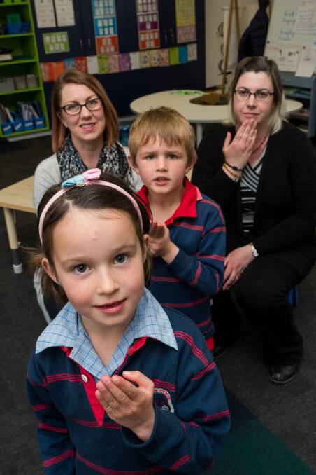 Ms Clarke and Ms Miles, pictured with prep students Charlotte Meure and Mason Scott. Picture: Phillip Biggs - The Examiner