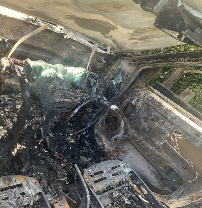 The burnt out wreck of Jordan King's car, found in Evandale. Picture: Supplied